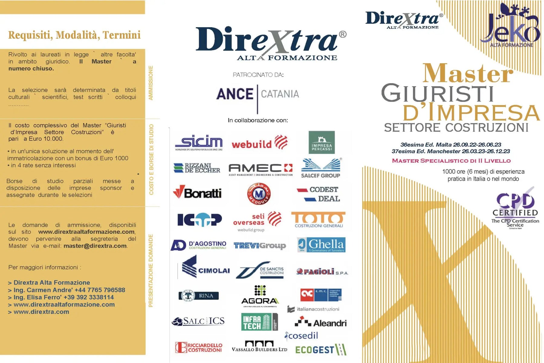 Brochure di DireXtra con loghi e informazioni sul Master Giuristi d’Impresa.