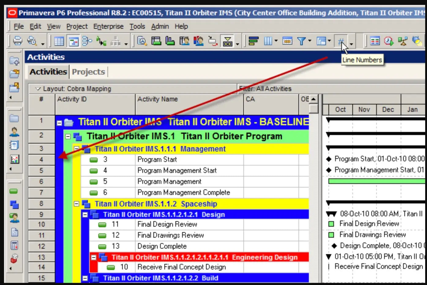 Gantt chart di project management in software per corsi per Project Manager Professional.