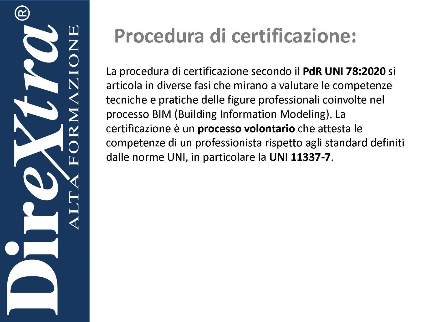 Documento sulle procedure di certificazione per esperti BIM con branding Dirextra.