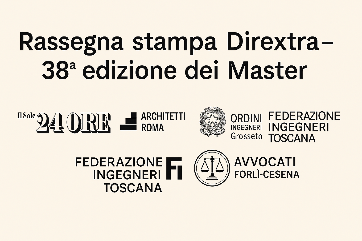 Rassegna stampa Dirextra 2025 – Copertine e loghi di articoli pubblicati da Ordini professionali e portali istituzionali su master per ingegneri e giuristi di impresa.