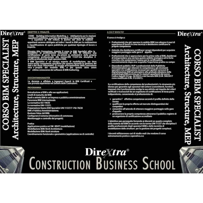 Pubblicità per Corso BIM Specialist di DireXtra, Certificazione Competenze, 29 Novembre