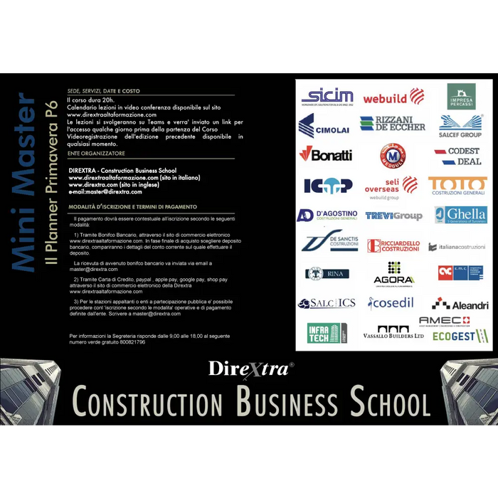 Pubblicità per Dirextra con loghi di aziende e descrizioni sul Corso Planner Primavera P6