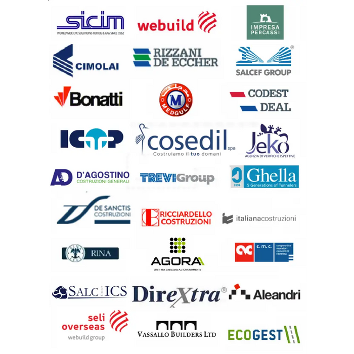 Collezione di loghi aziendali blu e rossi per Master Giuristi d’impresa Appalti