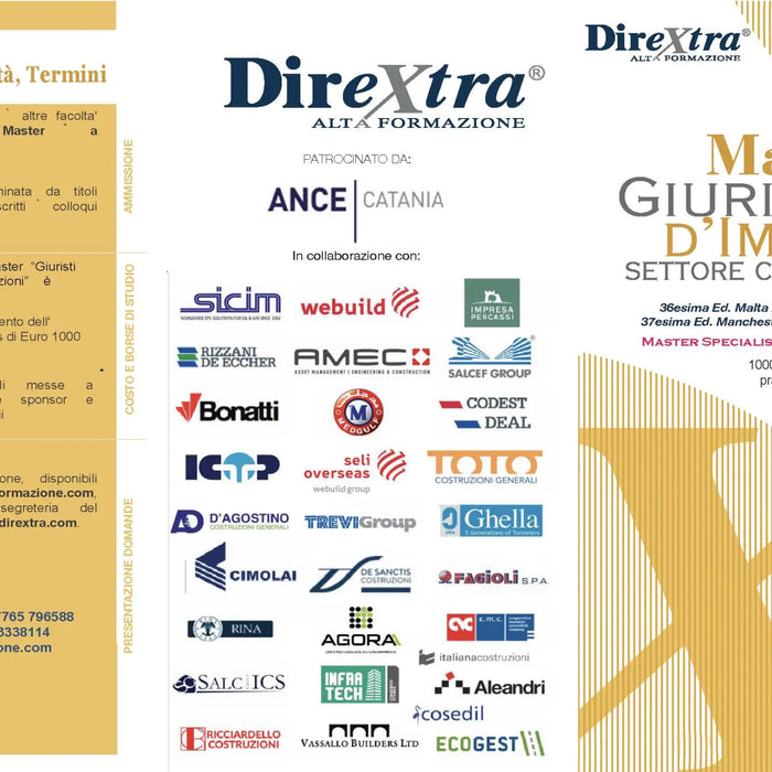 Brochure di DireXtra con loghi e informazioni sul Master Giuristi d’Impresa.