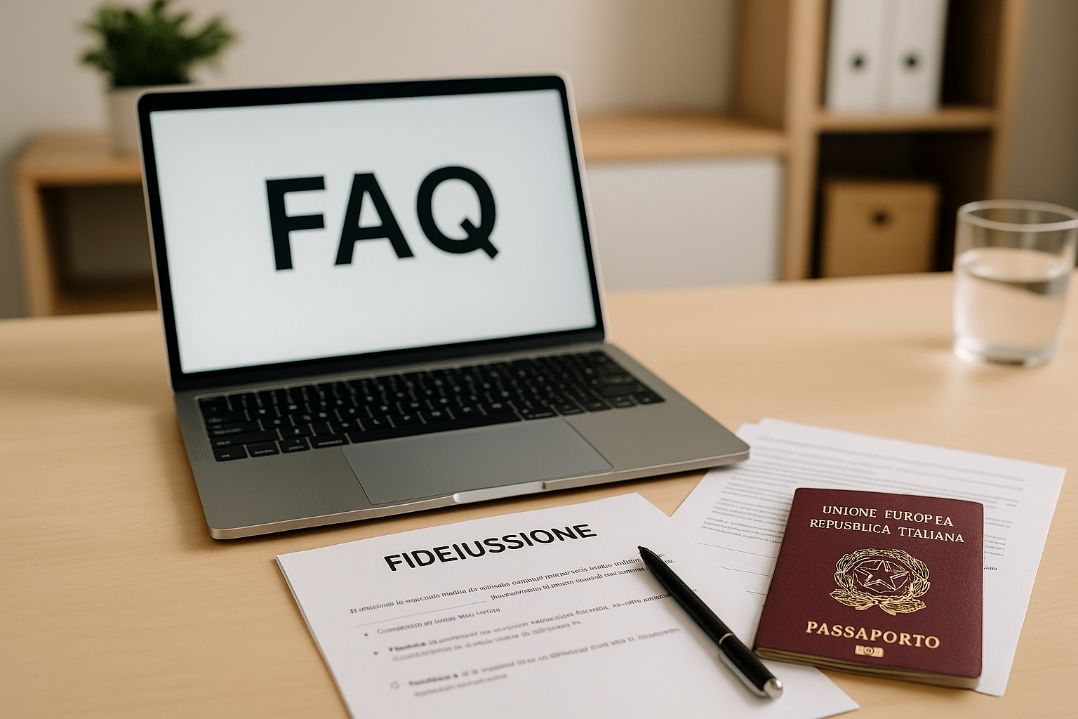 Desk con laptop e documenti per FAQ fideiussione Pass Laureati