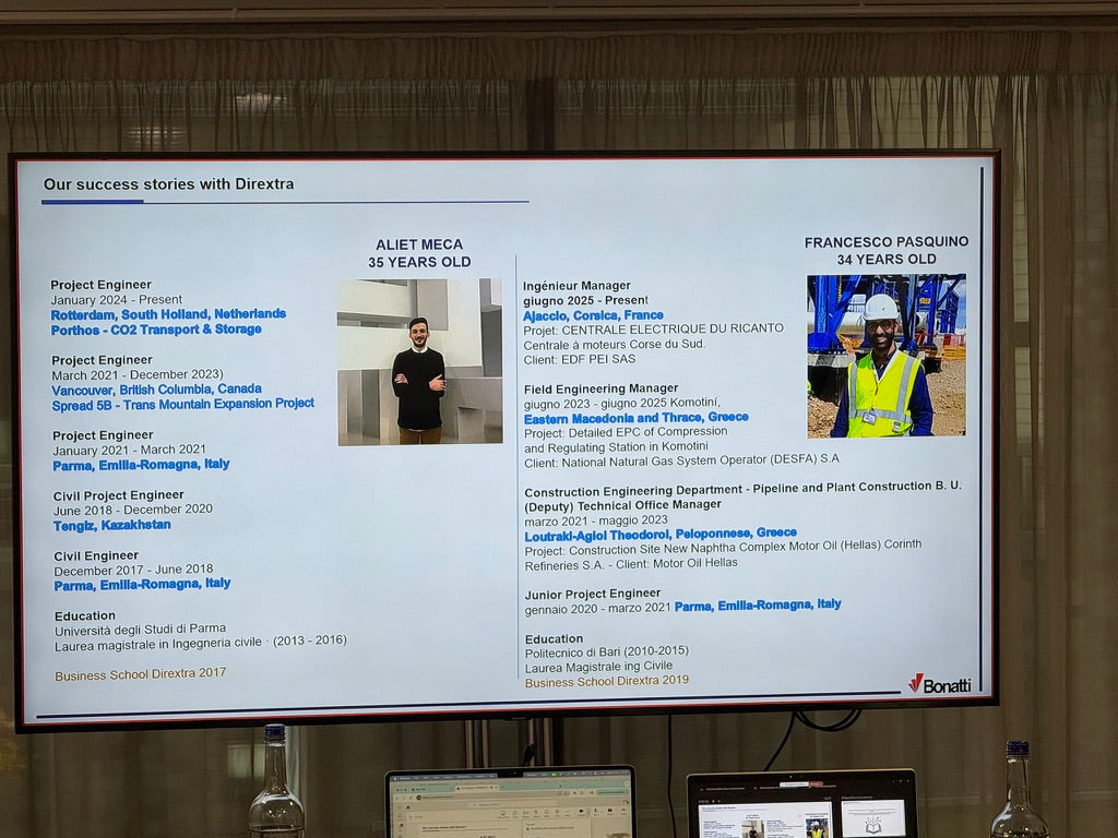 Francesco Pasquino, ex allievo Dirextra (31ª edizione Malta 2019), oggi Engineering Manager presso Bonatti, ritratto in cantiere in Grecia durante un progetto internazionale nel settore energia e infrastrutture.