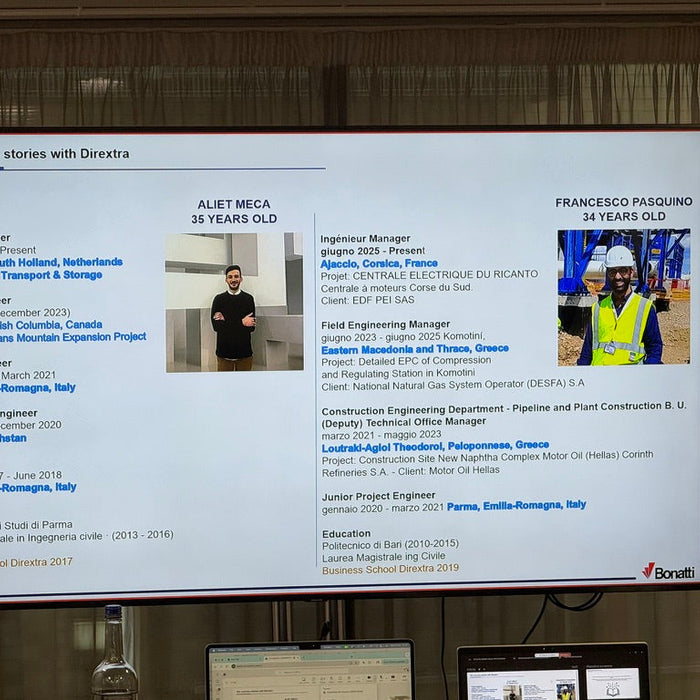 Francesco Pasquino, ex allievo Dirextra (31ª edizione Malta 2019), oggi Engineering Manager presso Bonatti, ritratto in cantiere in Grecia durante un progetto internazionale nel settore energia e infrastrutture.