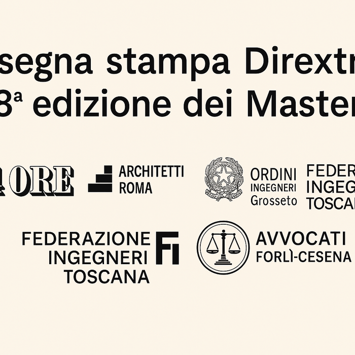 Rassegna stampa Dirextra 2025 – Copertine e loghi di articoli pubblicati da Ordini professionali e portali istituzionali su master per ingegneri e giuristi di impresa.