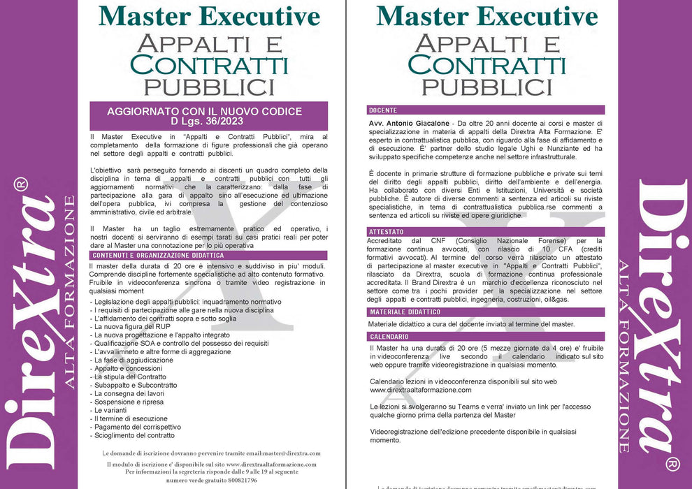 Master Executive in Appalti e Contratti Pubblici.Prossima Edizione 7 Giugno o Videoregistrazione asincrona