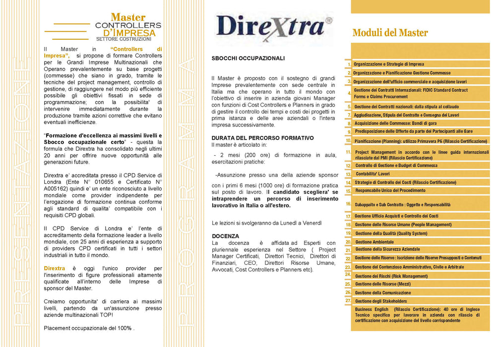Master in Controllo di Gestione e Project Control. Prossima Ed Bruxelles 26.09.2026