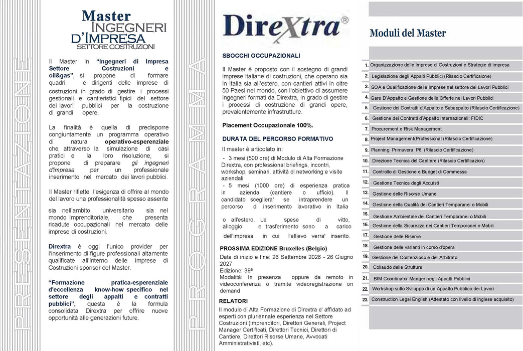 Master Internazionale Ingegneri di impresa Settore Costruzioni di infrastrutture