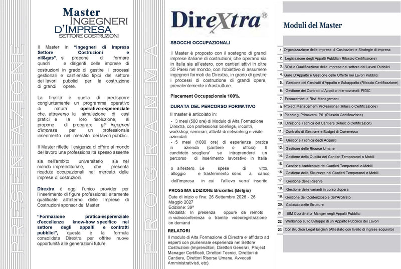 Master Ingegneri e Architetti di impresa Settore Costruzioni e Oil&Gas. Prossima Ed Bruxelles 26.09.2026