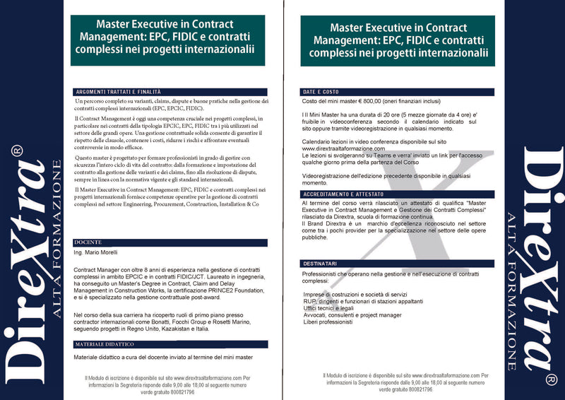 Master Executive in Contract Management e Gestione dei Contratti Complessi - EPC, FIDIC