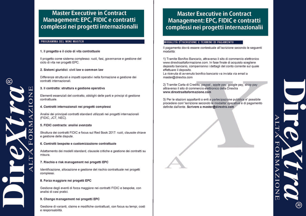 Master Executive in Contract Management: EPC, FIDIC e contratti complessi nei progetti internazionali - Videoconferenza o Videoregistrazione