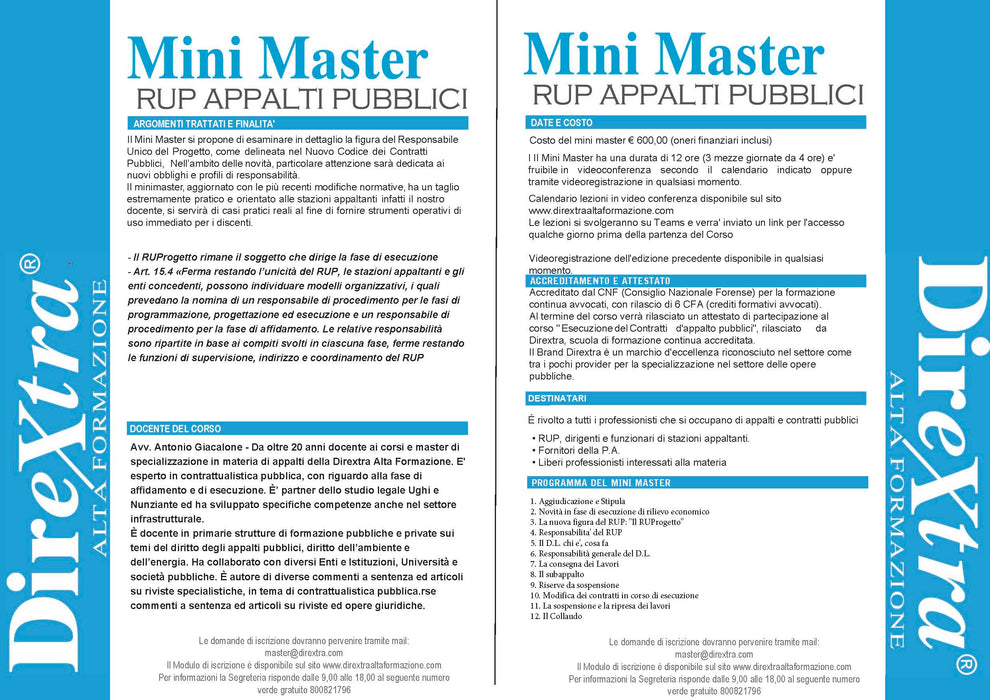 Mini Master Il RUP negli Appalti Pubblici. Prossima edzione 21 Giugno o Videoregistrazione asincrona