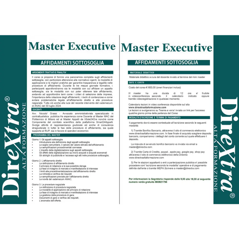 Due pagine del Master Executive Affidamenti Appalti Sottosoglia, corso gare sotto soglia