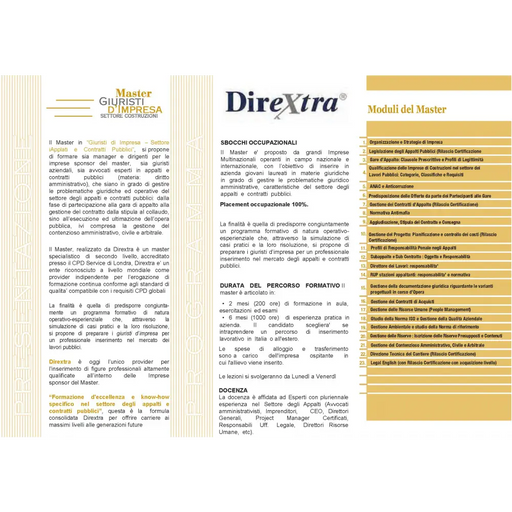 Scheda informativa sul farmaco DireXtra nel Master Giuristi d’impresa Settore Appalti Pubblici